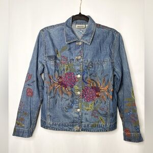 Chico's Jean Jacket Floral Embroidered Size O